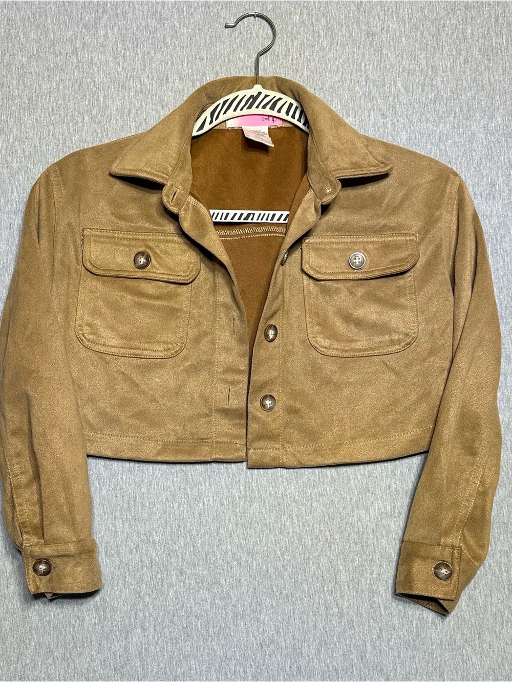 Two Hip Cropped Faux Suede Jacket Camel Tan Trucker Boho Festival